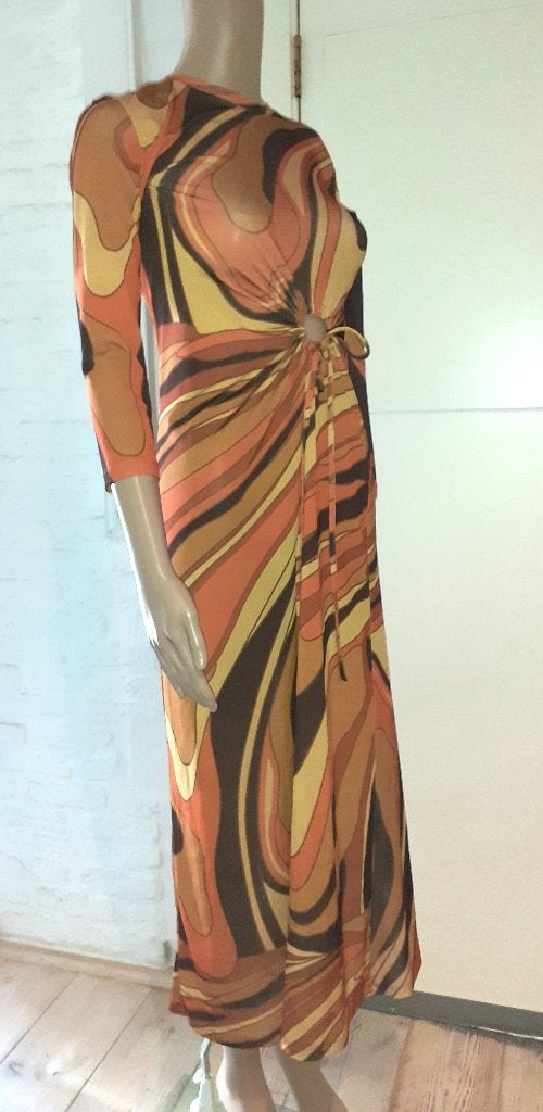 maxi jurk oranje bruin gedrapeerd retro Stradivarius S of 36, Bruin, Nieuw, Ophalen of Verzenden, Maat 36 (S)