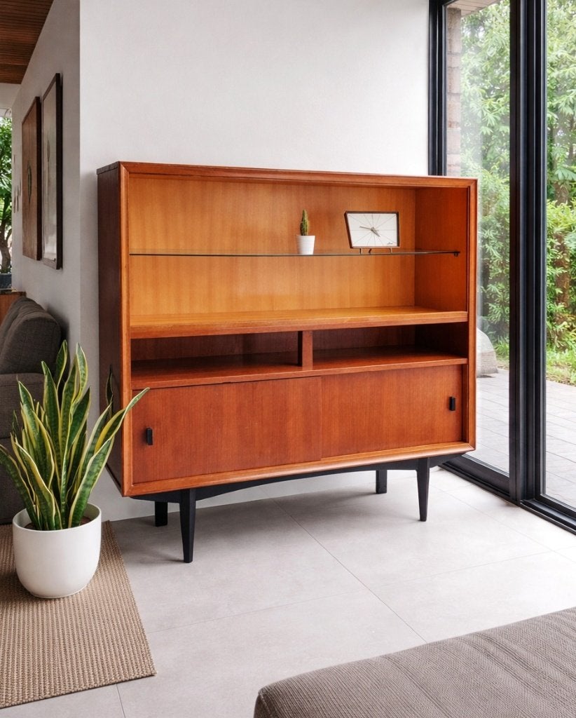 Prachtige vintage vitrinekast / boekenkast, Huis en Inrichting, Ophalen, Teakhout, Midcentury, Gebruikt