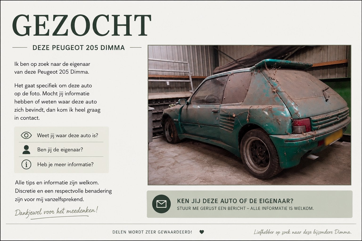 Gezocht Peugeot 205 DIMMA GTI, Auto diversen, Handleidingen en Instructieboekjes, Ophalen of Verzenden