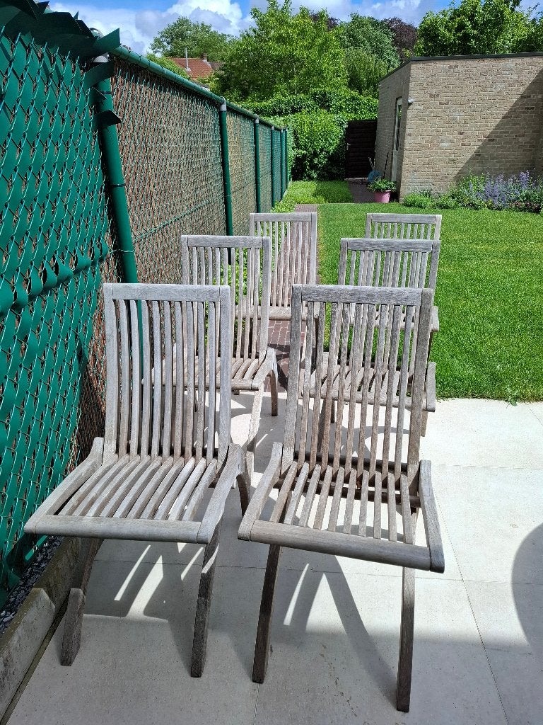 6 chaises de jardin en teck + coussins, Jardin & Terrasse, Chaises de jardin, Enlèvement, Utilisé, Bois, Pliant