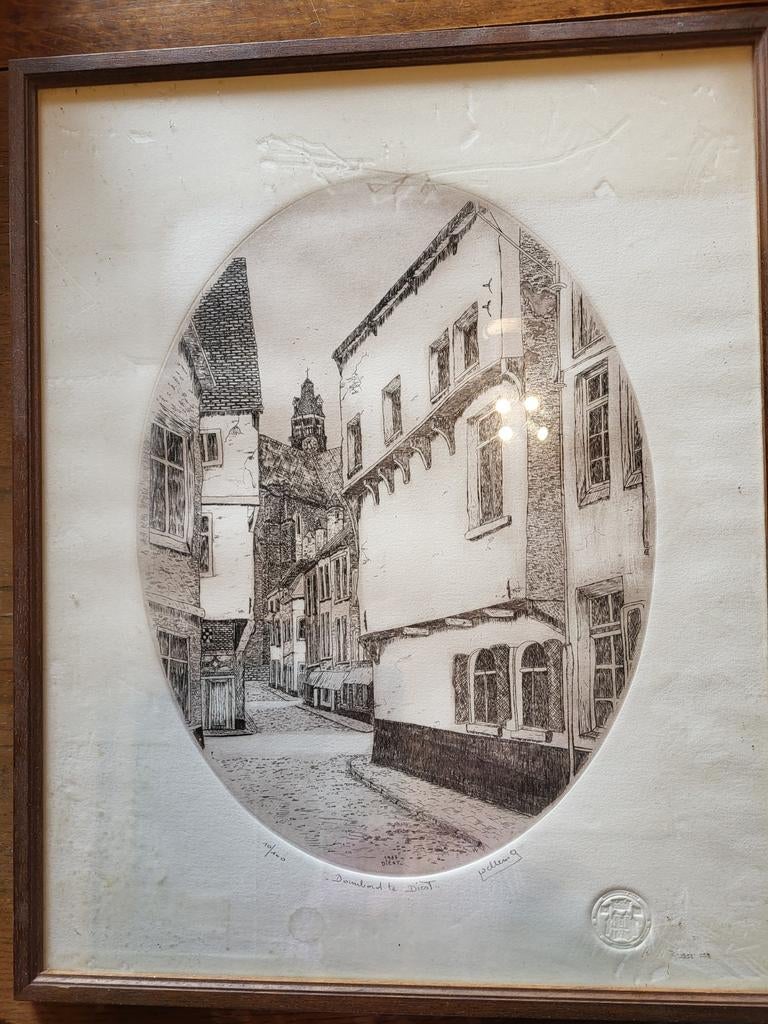 Gesigneerde ets - Dambord Diest, Antiek en Kunst, Kunst | Tekeningen en Fotografie, Ophalen