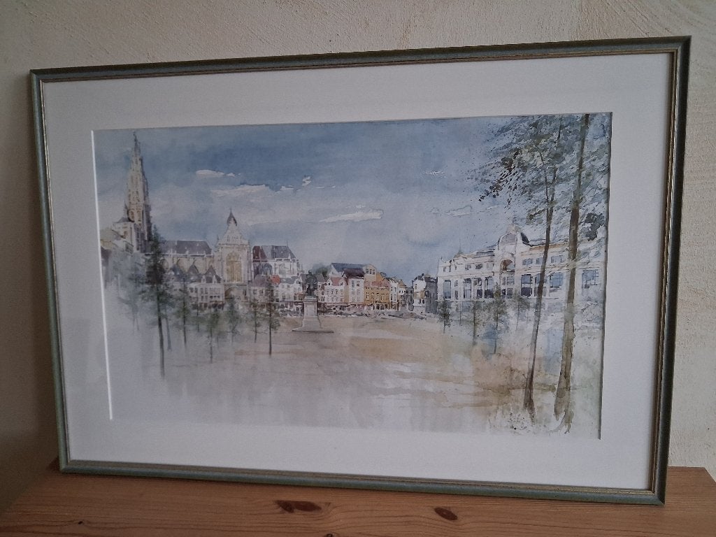 Groot ingelijst aquarel – Groenplaats Antwerpen, Aquarelle, Enlèvement, Paysage urbain / rural, Sous verre