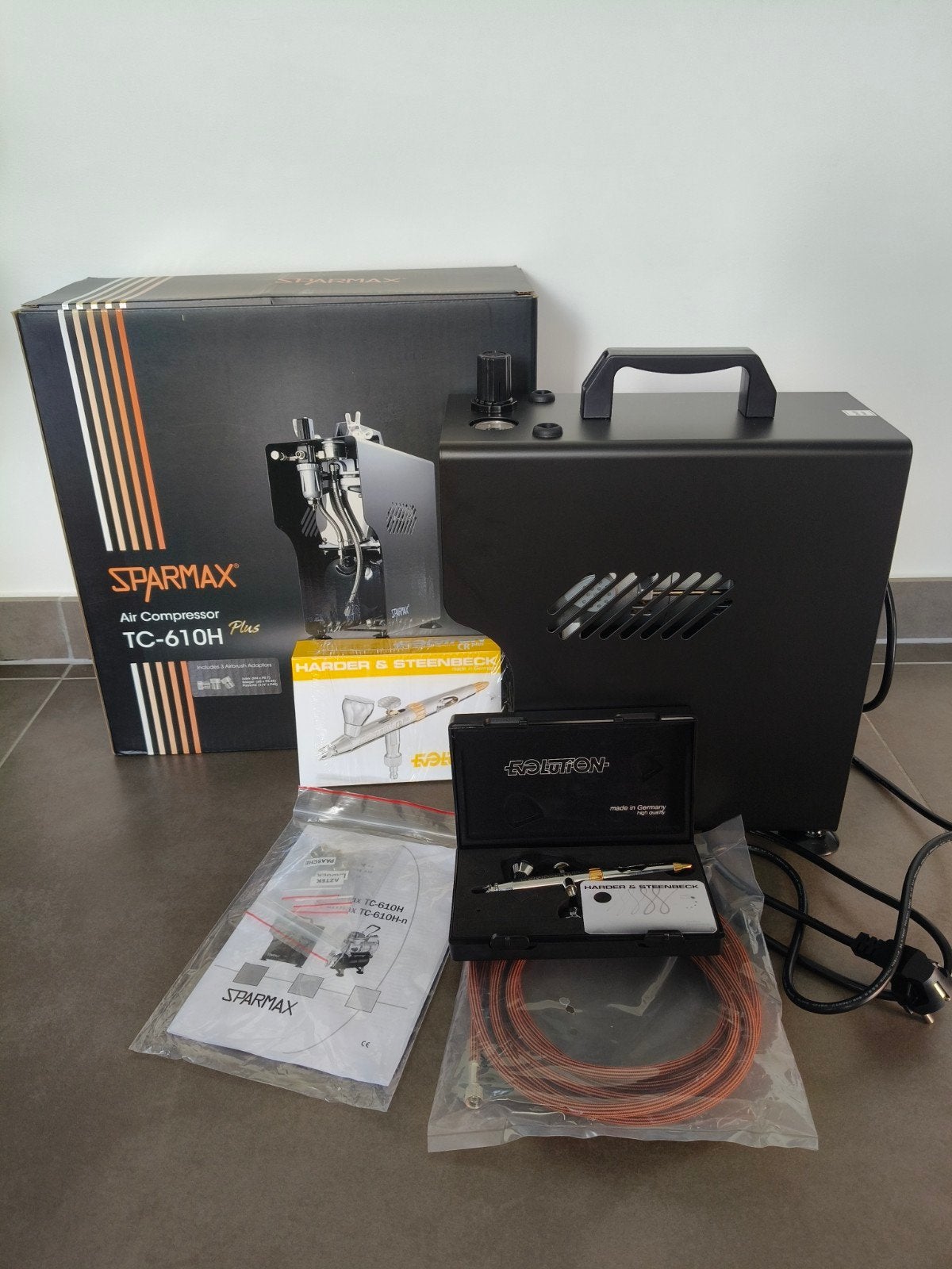 Airbrush complete set Sparmax compressor + Harder & Steenbec, Hobby en Vrije tijd, Ophalen of Verzenden, Zo goed als nieuw