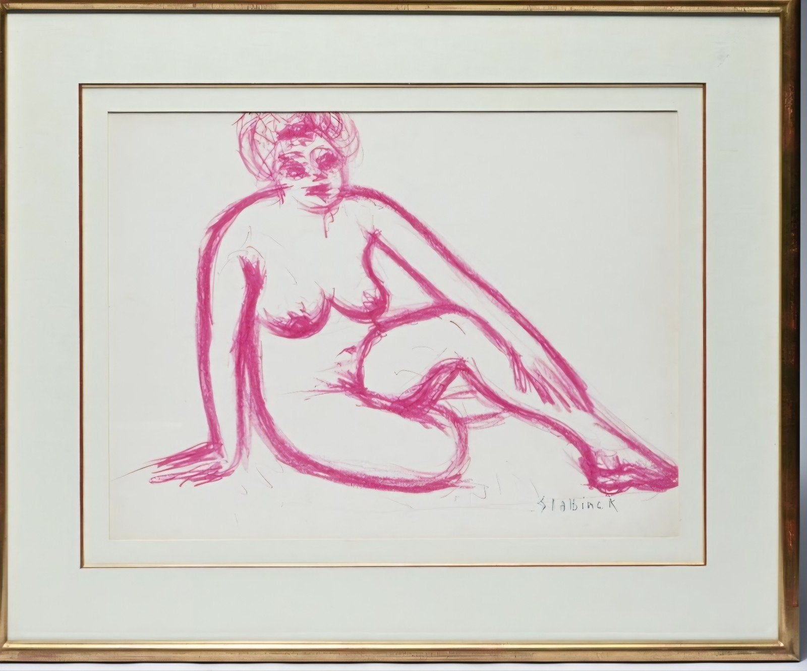 SLABBINCK Rik "Zittend naakt " wasgoed (vetkrijt), Ophalen of Verzenden, Tekening, Ingelijst