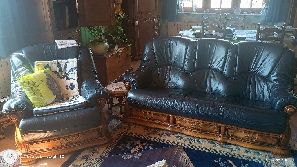 Salon en cuir, Banc droit, Comme neuf, Enlèvement, Bois