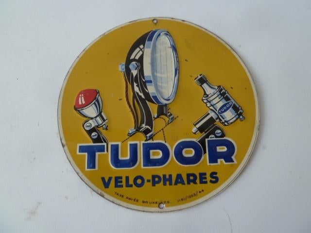 vélo ancien tôle  publicitaire TUDOR éclairage vélo oldtimer, Enlèvement ou Envoi, Panneau publicitaire