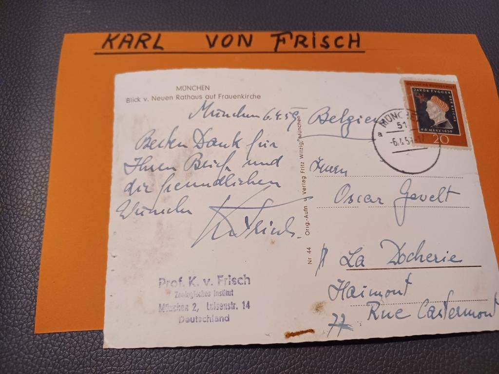 Handtekening Karl Von Frisch Nobelprijs 1973, Gebruikt, Overige typen, Gesigneerd