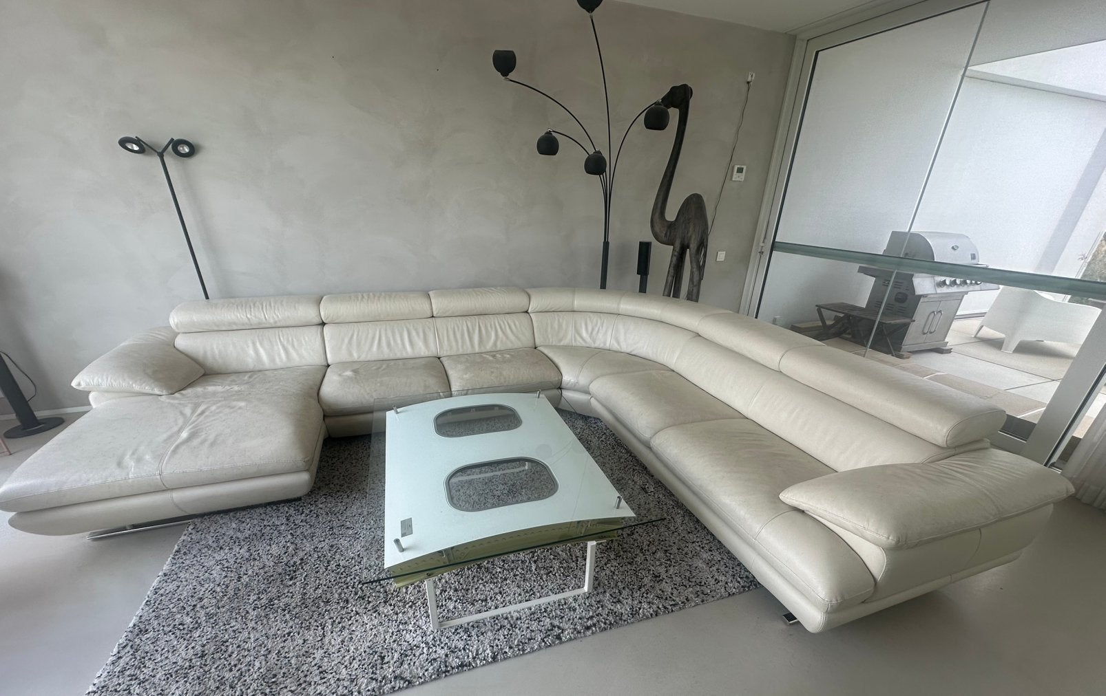 Cremekleurige lederen hoekzetel met chaise longue, Ophalen, Gebruikt, 300 cm of meer, Leer