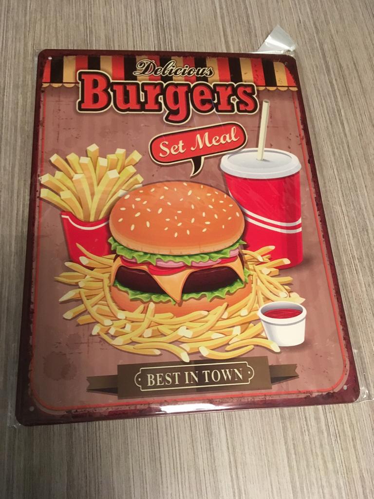 Ijzeren decoratie plaat friet hamburger, Ophalen of Verzenden, Zo goed als nieuw