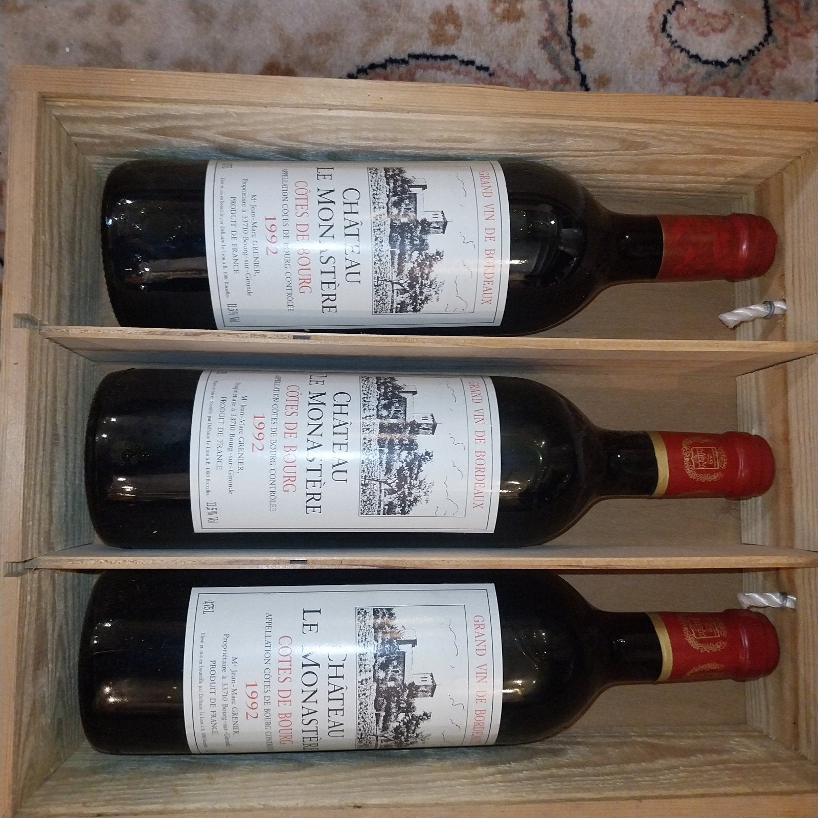 3x Château Le Monastère 1992 Bordeaux  Originele Houten kist, Verzamelen, Ophalen, Frankrijk