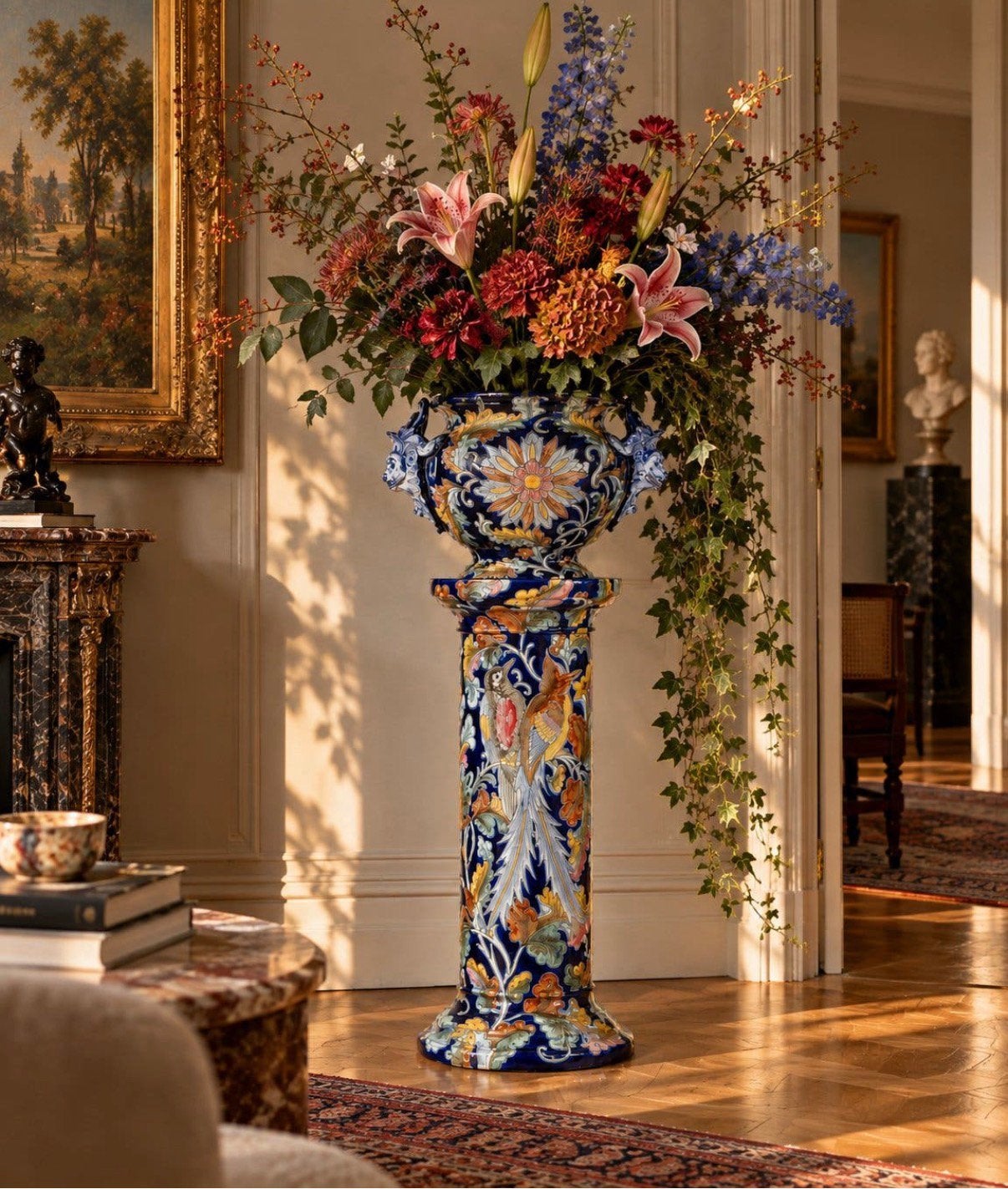 Grande jardinière française du Vieux Rouen sur piédestal, Enlèvement, Utilisé