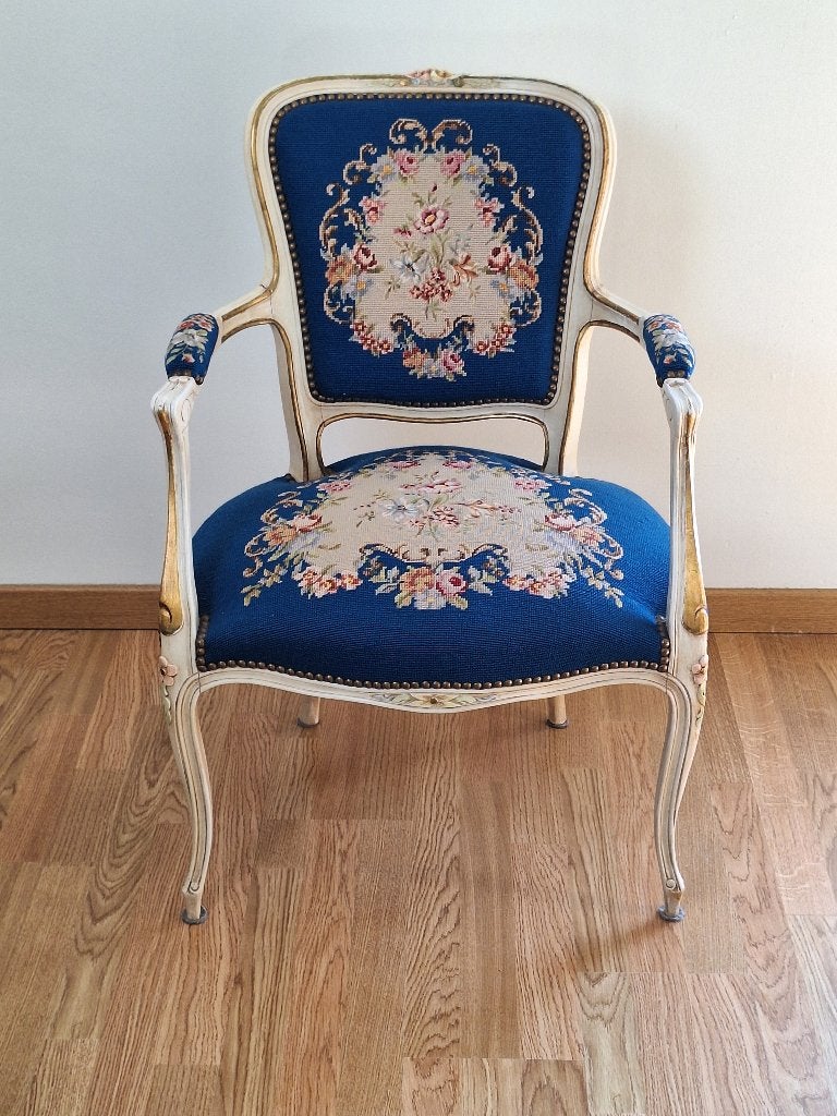 Fauteuil de style Louis XV — Petit Point/Gobelin bleu, Antiquités & Art, Enlèvement