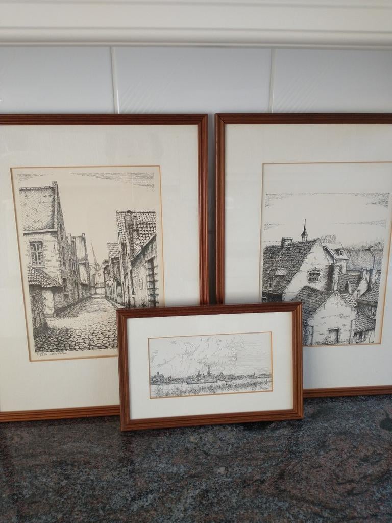 Pentekeningen 2 grote kaders en een klein, Antiek en Kunst, Ophalen