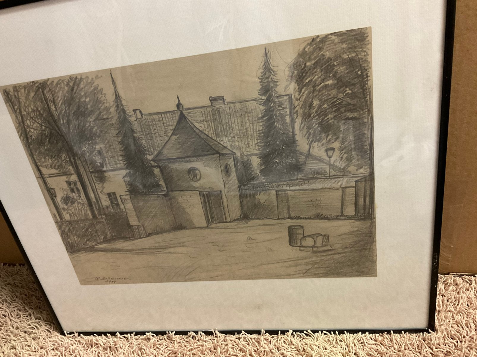 Potloodtekening, ingekaderd, Antiek en Kunst, Ophalen of Verzenden