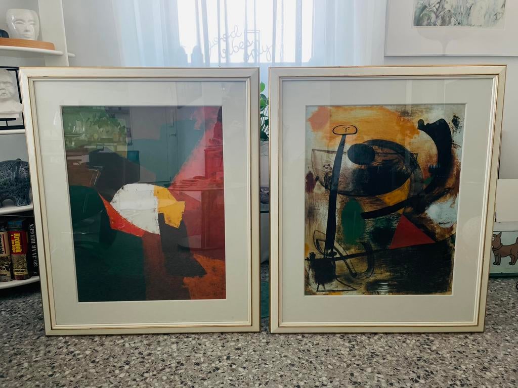 2 grote vintage kaders 88x106cm met prenten Miro & Poliakoff, Ophalen