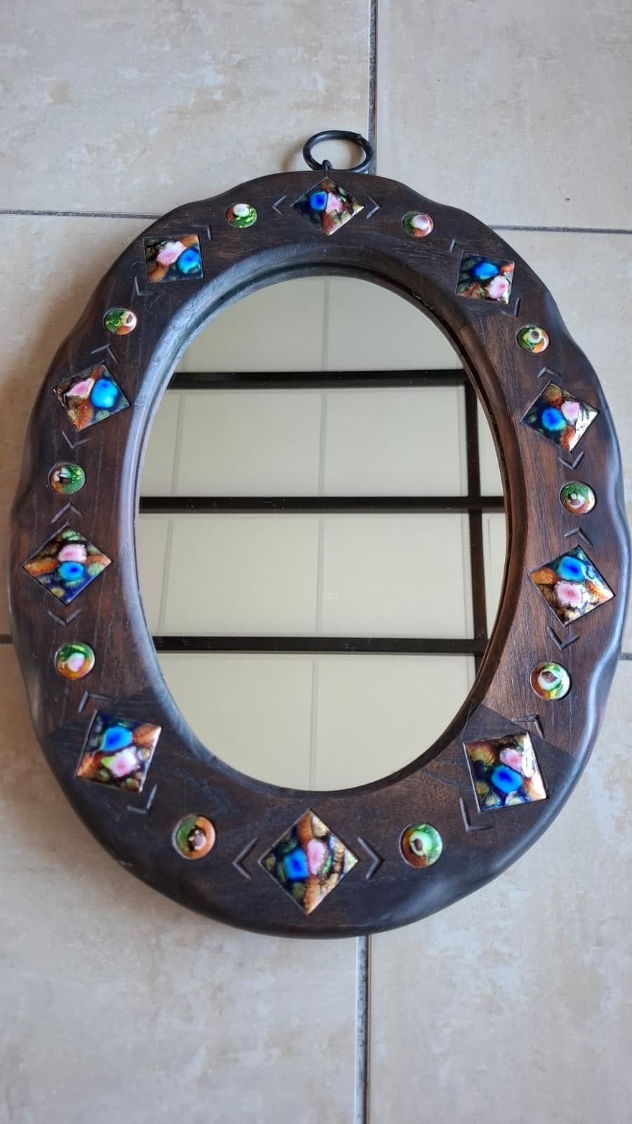 Miroir ovale vintage en bois – Décor multicolore émaillé, Maison & Meubles, Inconnu, Inconnu, Enlèvement, Inconnu