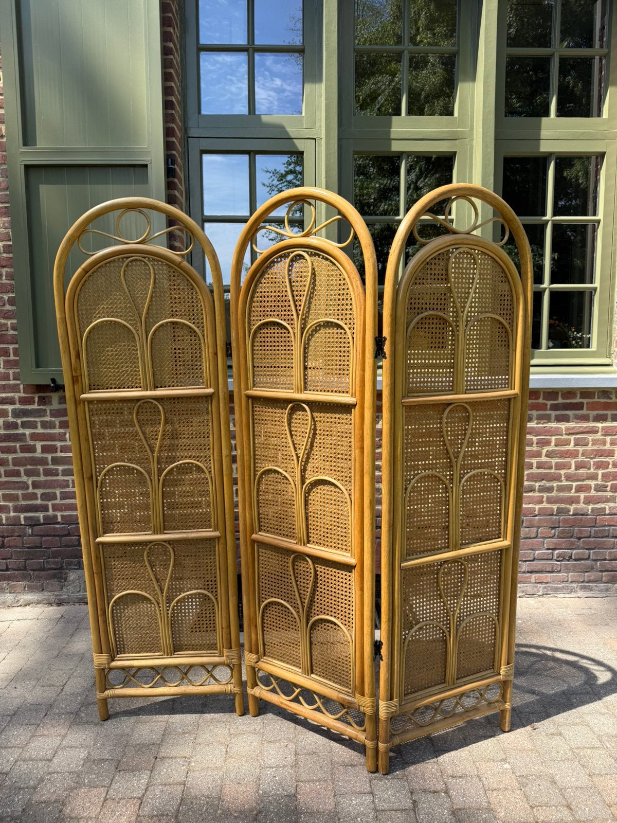Prachtig vintage rotan en webbing kamerscherm, Ophalen, Gebruikt