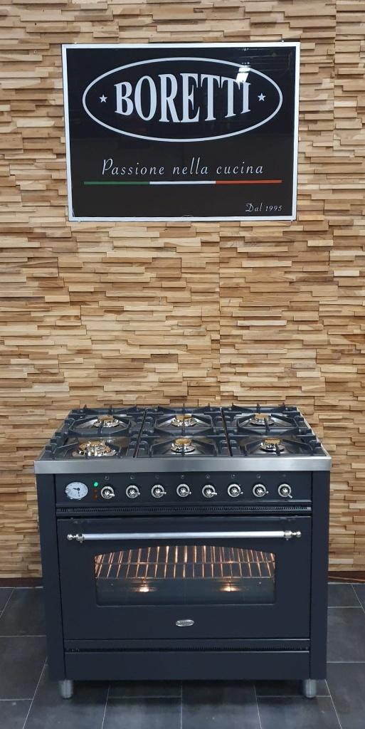 Luxe Boretti Fornuis 90cm antraciet + rvs 6 pits 1 oven, Elektronische apparatuur, Fornuizen, Zo goed als nieuw, Vrijstaand, Gas