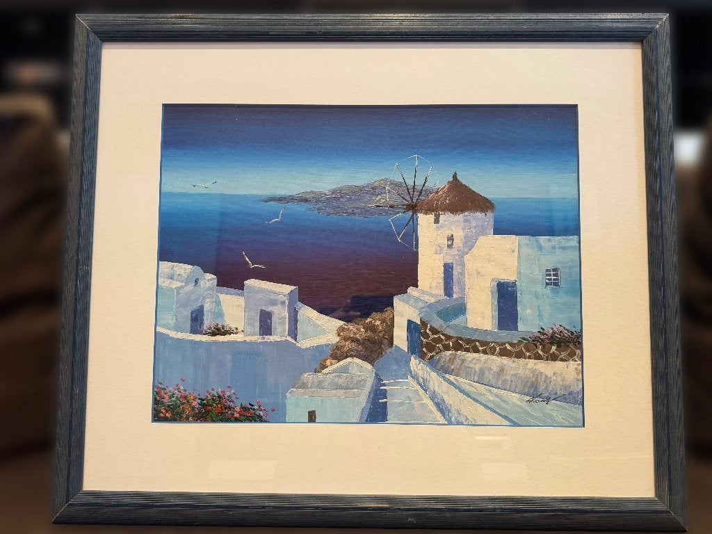 Geschilderd landschap van Santorini, Antiquités & Art, Art | Peinture | Classique, Paysage, Sous verre, Peint à la main, Encadré