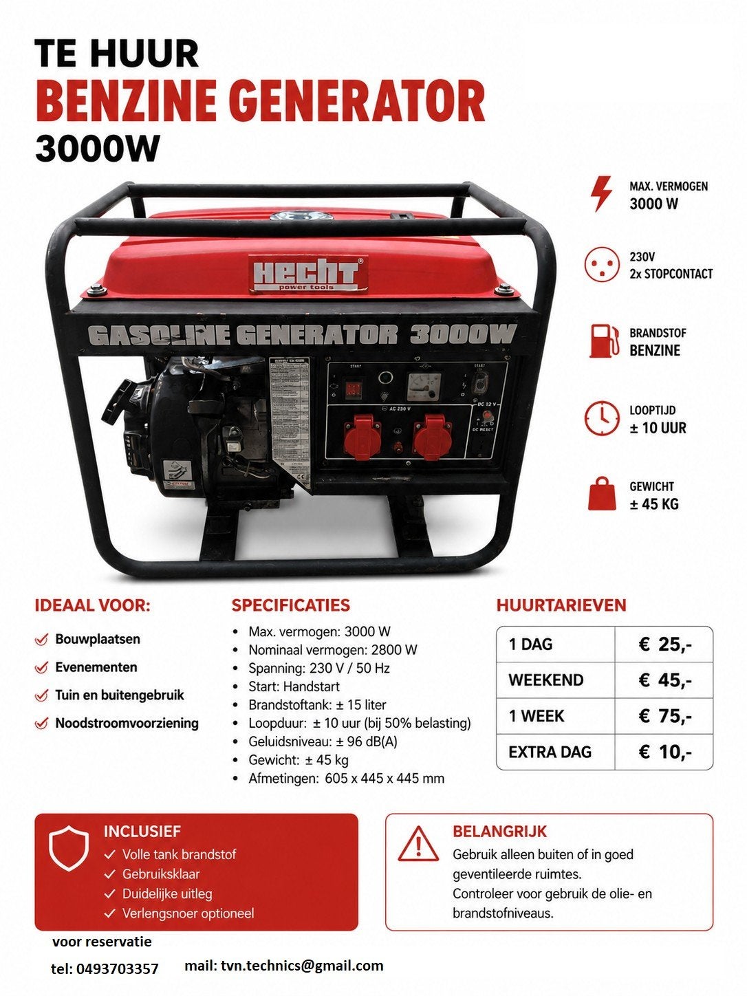 Te huur: generator benzine 3kw, Doe-het-zelf en Bouw, Aggregaten, Ophalen of Verzenden, Benzine