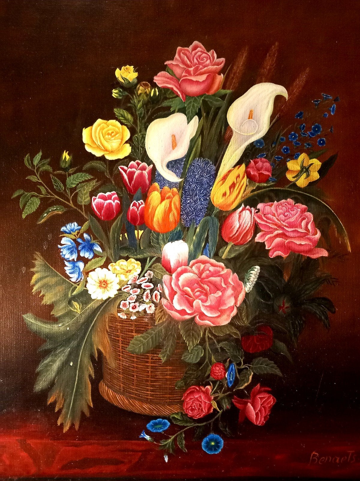 stilleven bloemen, Doek, Realistisch, Gesigneerd, Olieverf