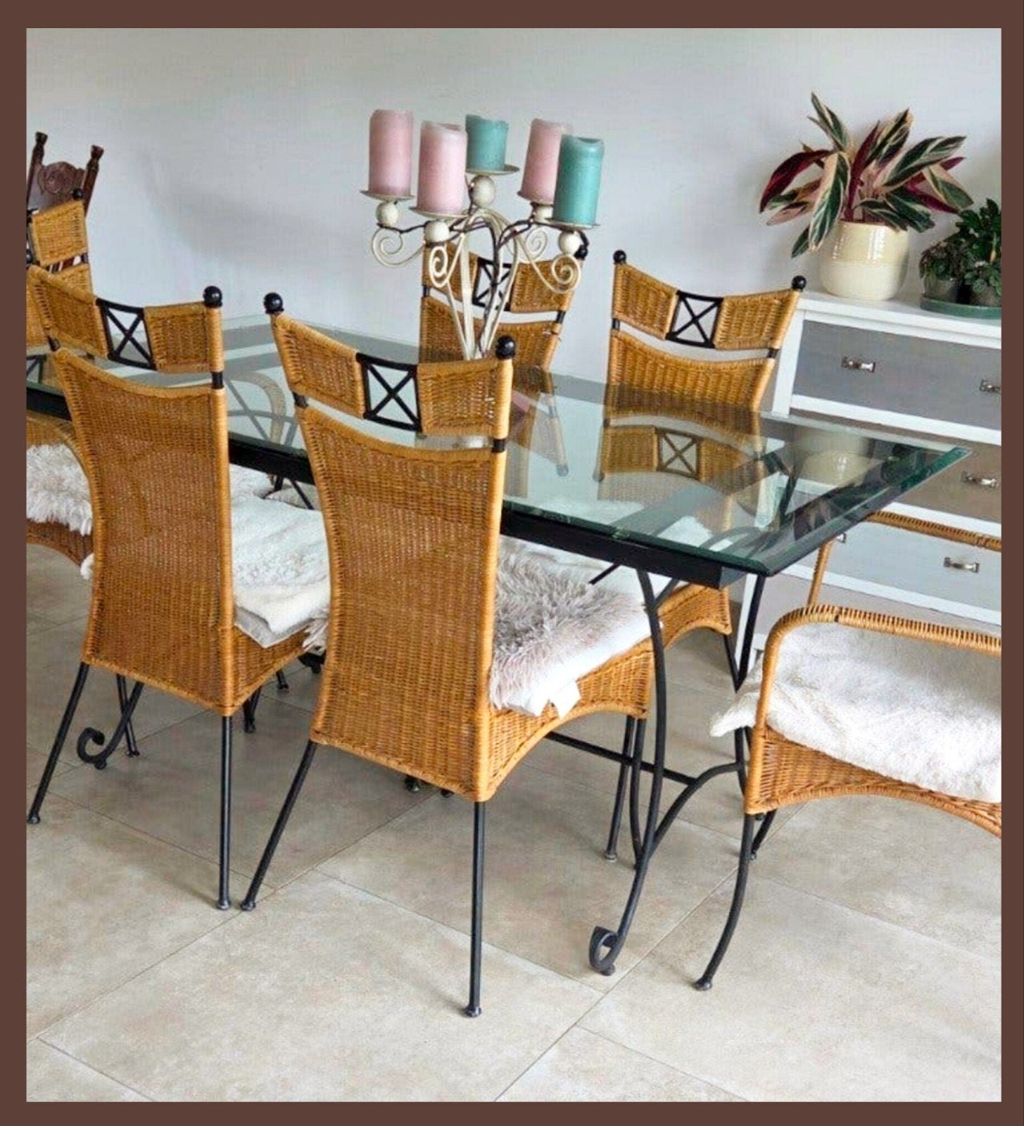 Boheemse chique rotan/smeedijzeren tafel + 6 stoelen, Ophalen, Gebruikt, Bohème chic, 4 tot 6 stoelen