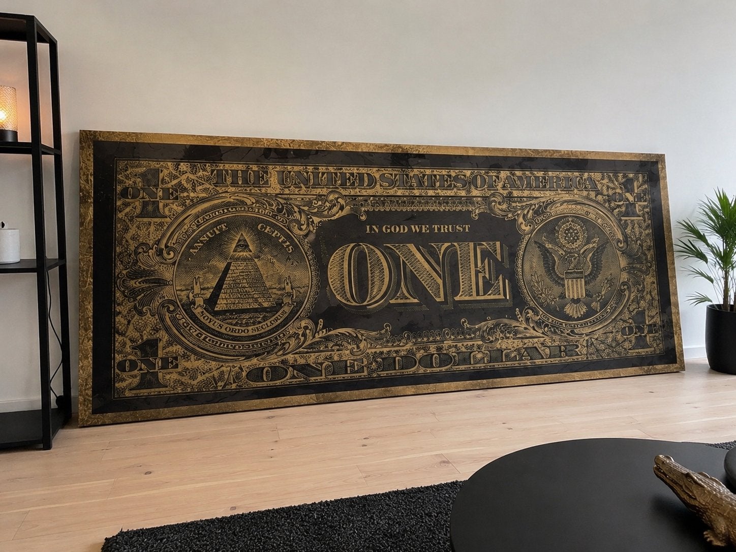 Grote wanddecoratie One Dollar Bill – 2 meter – zwart/goud, Maison & Meubles, Lampes | Lampadaires, Utilisé, 200 cm ou plus, Verre
