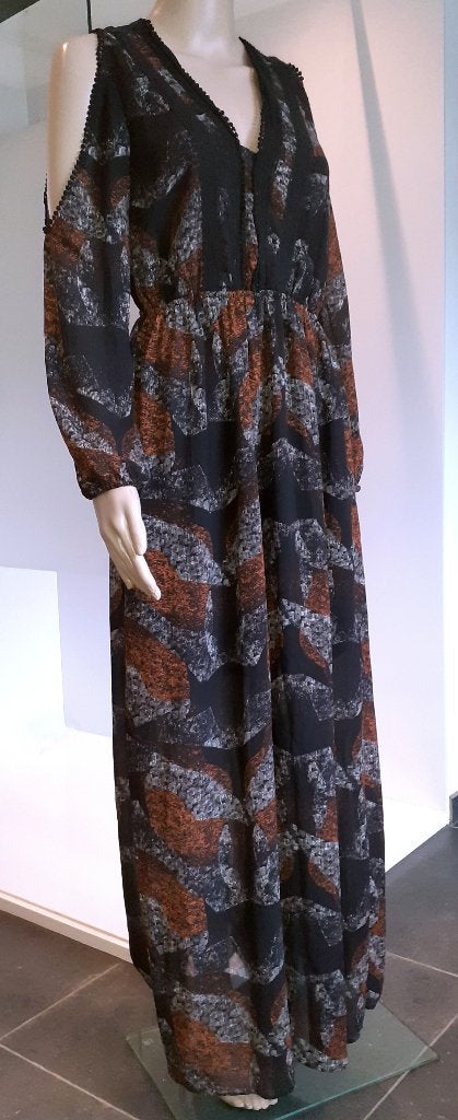 maxi jurk met blote schouders zwart bruin boho H&M XS of 34, Neuf, Enlèvement ou Envoi, Brun, Taille 34 (XS) ou plus petite