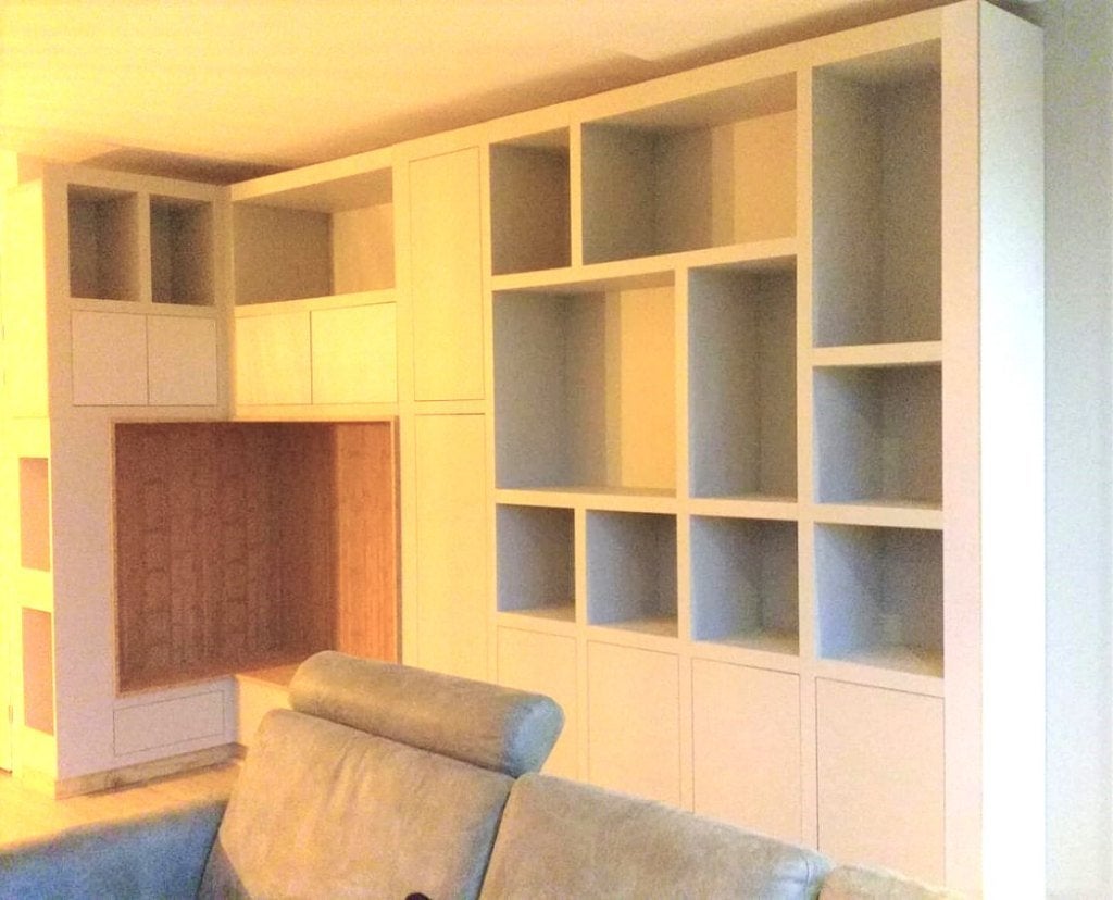 Wandmeubel, woonkamerkast, designkast, kast tv-kast op maat., Ophalen, Nieuw, Eikenhout, Met klep(pen)