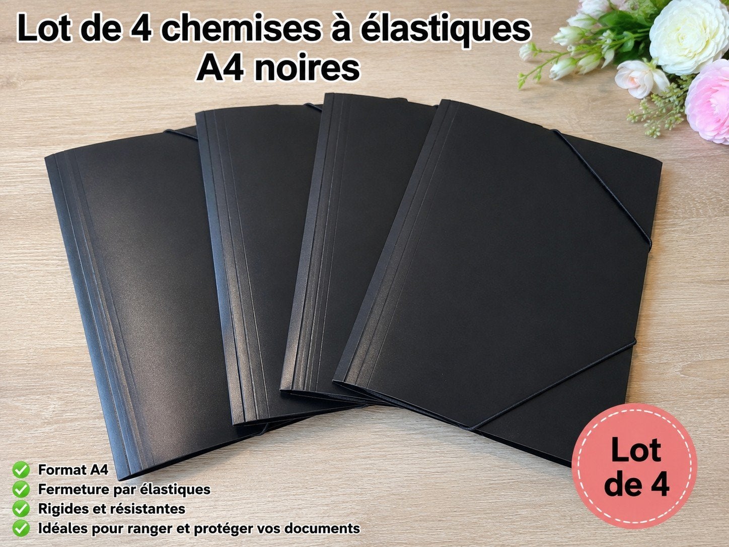 Lot de 4 chemises à élastiques A4 noires neuves, Divers, Enlèvement, Neuf