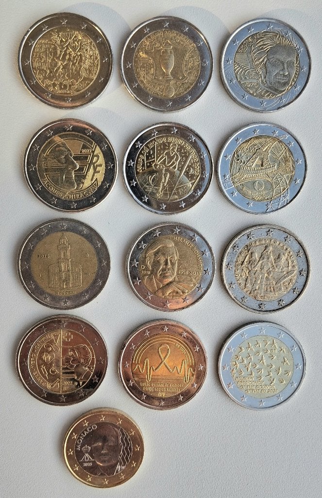 Lot pièces 1 euro Monaco 2025 + 12 x 2 euro commémoratives, Timbres & Monnaies, Enlèvement ou Envoi, Autres pays, 2 euros