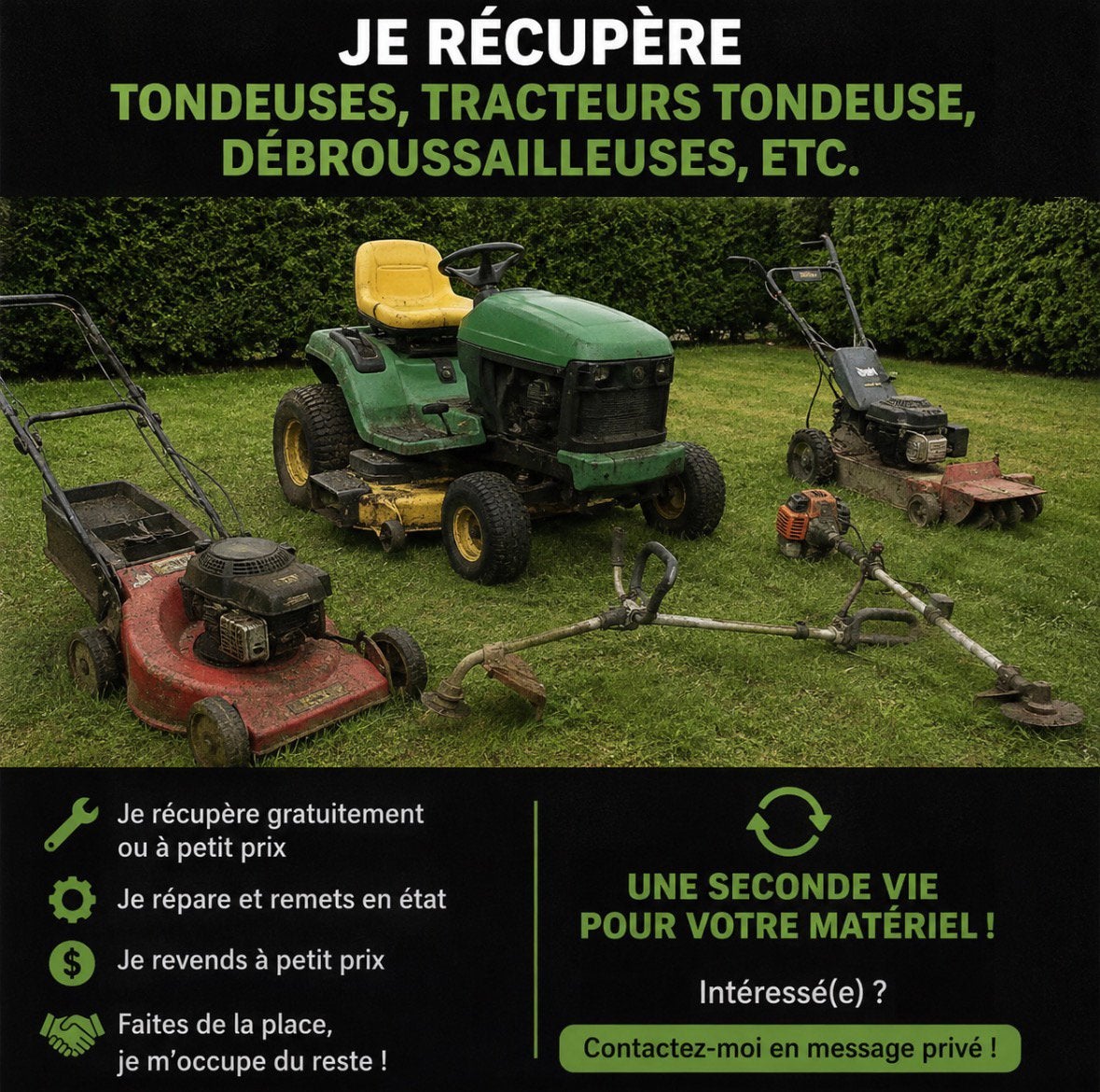 JE RÉCUPÈRE VOS TONDEUSES ET MATÉRIELS DE JARDIN !, Jardin & Terrasse, Enlèvement, Utilisé, Tondeuses à gazon à essence