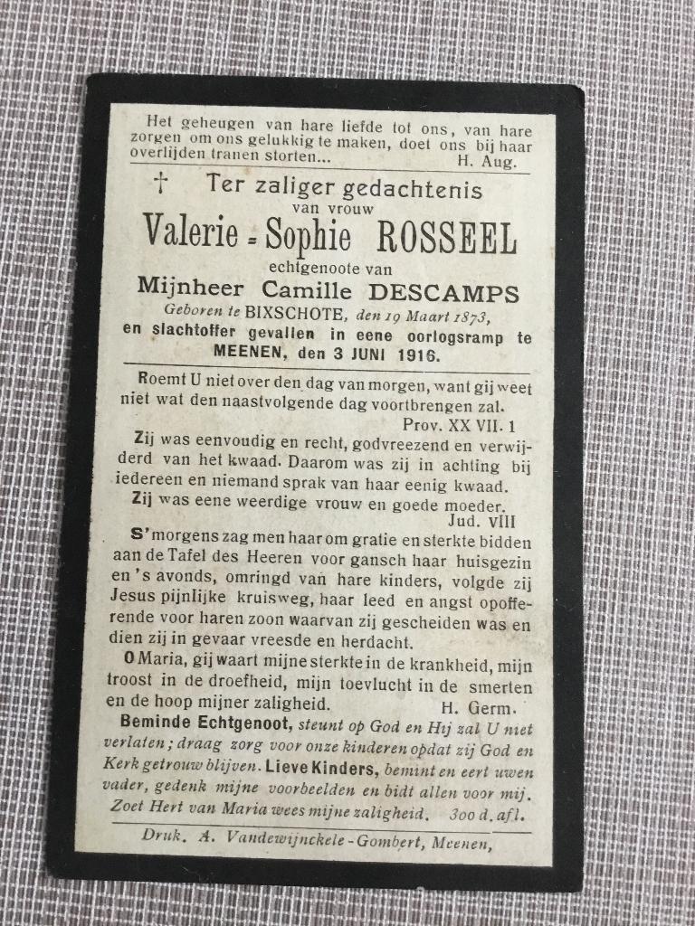 Oorlogsslachtoffer V.ROSSEEL Bikschote 1873 +Menen 1916 WOI, Verzenden, Bidprentje