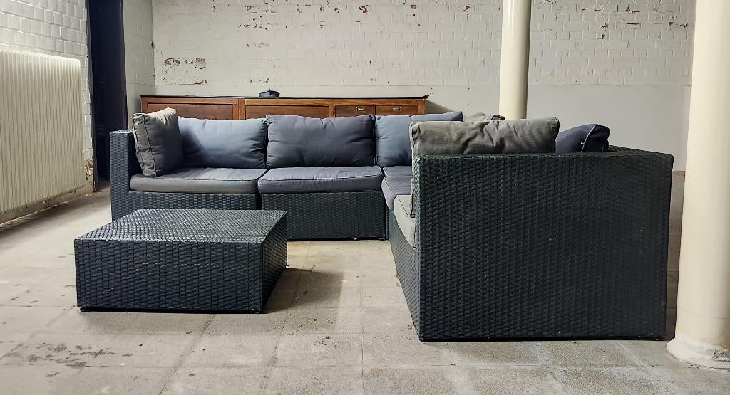Salon modulaire avec table - meuble d'angle 252 x 252 cm, Table d'appoint, Osier, Comme neuf, Sets de jardin