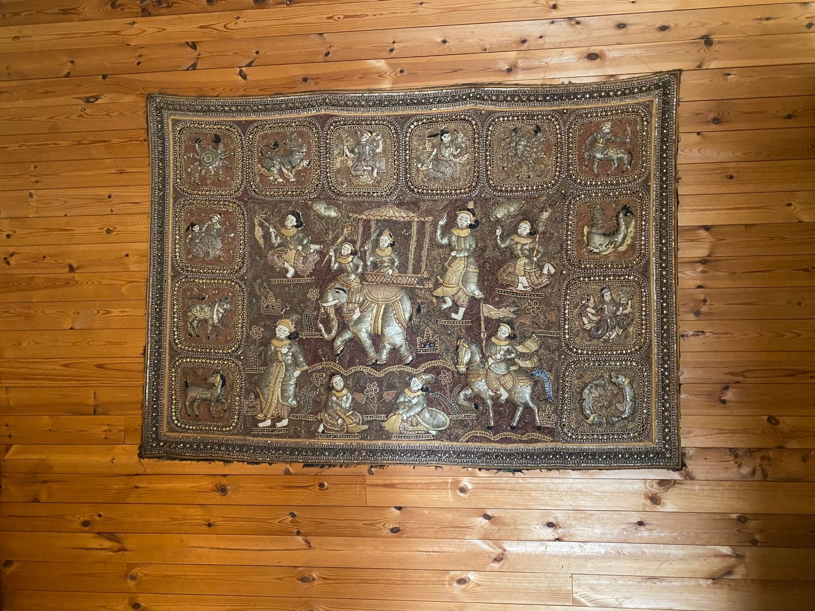 Vintage Birmese Kalaga wandtapijt in 3D, Ophalen