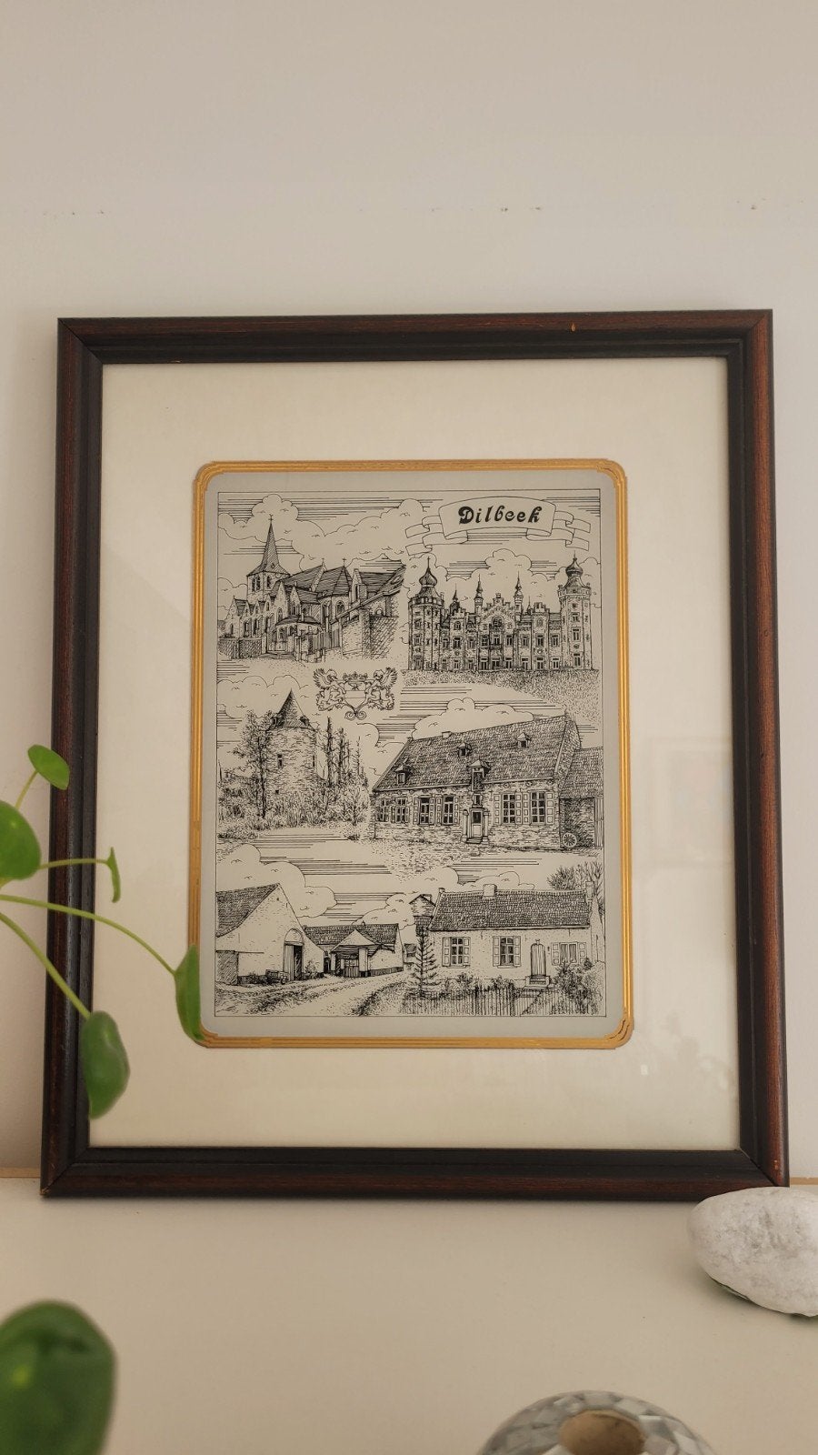 Ingelijste vintage tekening van Dilbeek, zwart-wit, Antiek en Kunst, Kunst | Tekeningen en Fotografie, Tekening, Prent, Ophalen of Verzenden