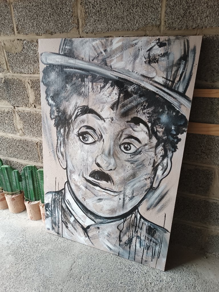 Charlie Chaplin - peinture moderne, Antiek en Kunst, Hout, Gesigneerd, Ophalen of Verzenden, Gemengde techniek
