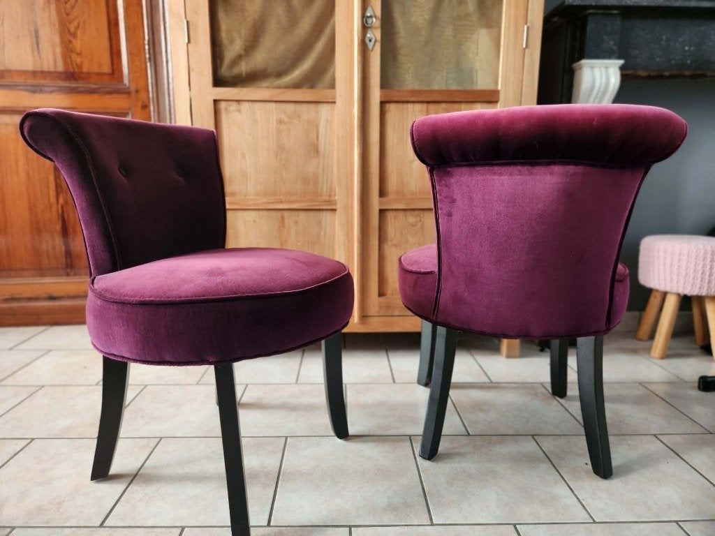 2 fauteuils met aubergine/paars fluwelen pad, Ophalen, Hout, Minder dan 50 cm, Gebruikt