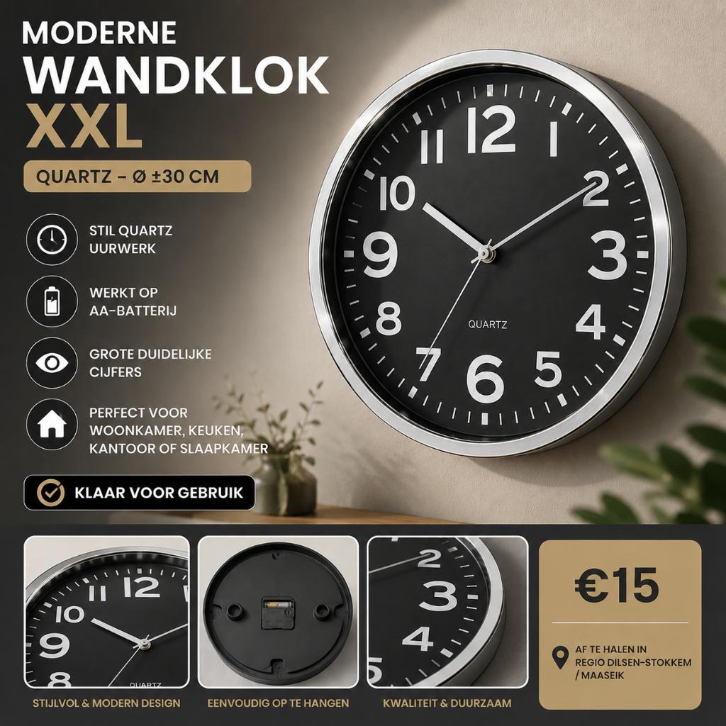 Moderne Wandklok XXL Zwart met Chrome Rand – Quartz – Ø30 cm, Enlèvement, Comme neuf