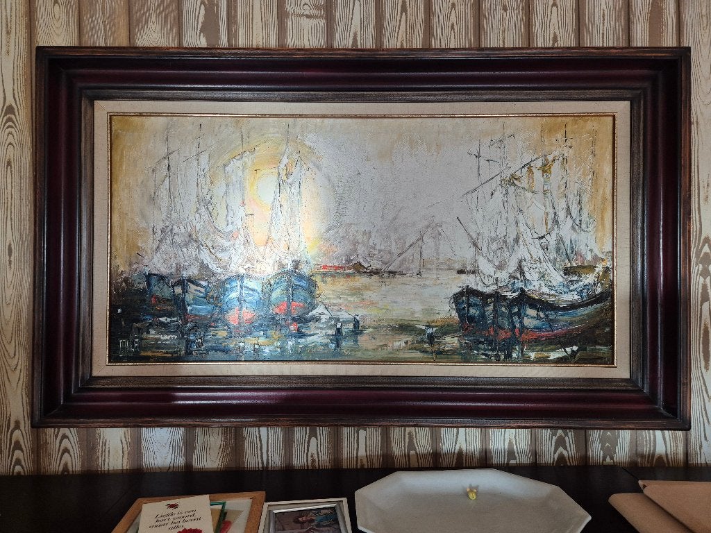 Prachtig Vintage Olieverfschilderij – Maritieme Havenscene, Antiquités & Art, Art | Peinture | Classique, Peinture à l'huile, Enlèvement