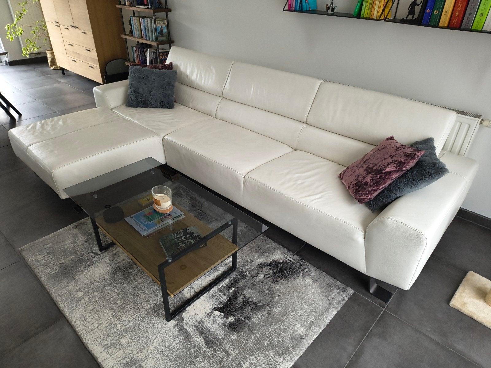 Lederen L-zetel wit, Huis en Inrichting, Zetels | Zetels, Ophalen, Gebruikt, Hoekbank, 300 cm of meer