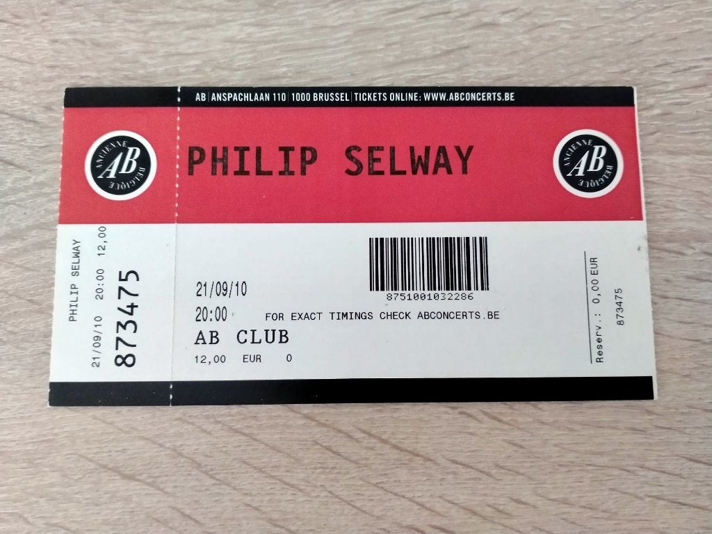 Ticket de concert Philip Selway (Radiohead)@AB sept 2010, Collections, Enlèvement, Utilisé, Autres types