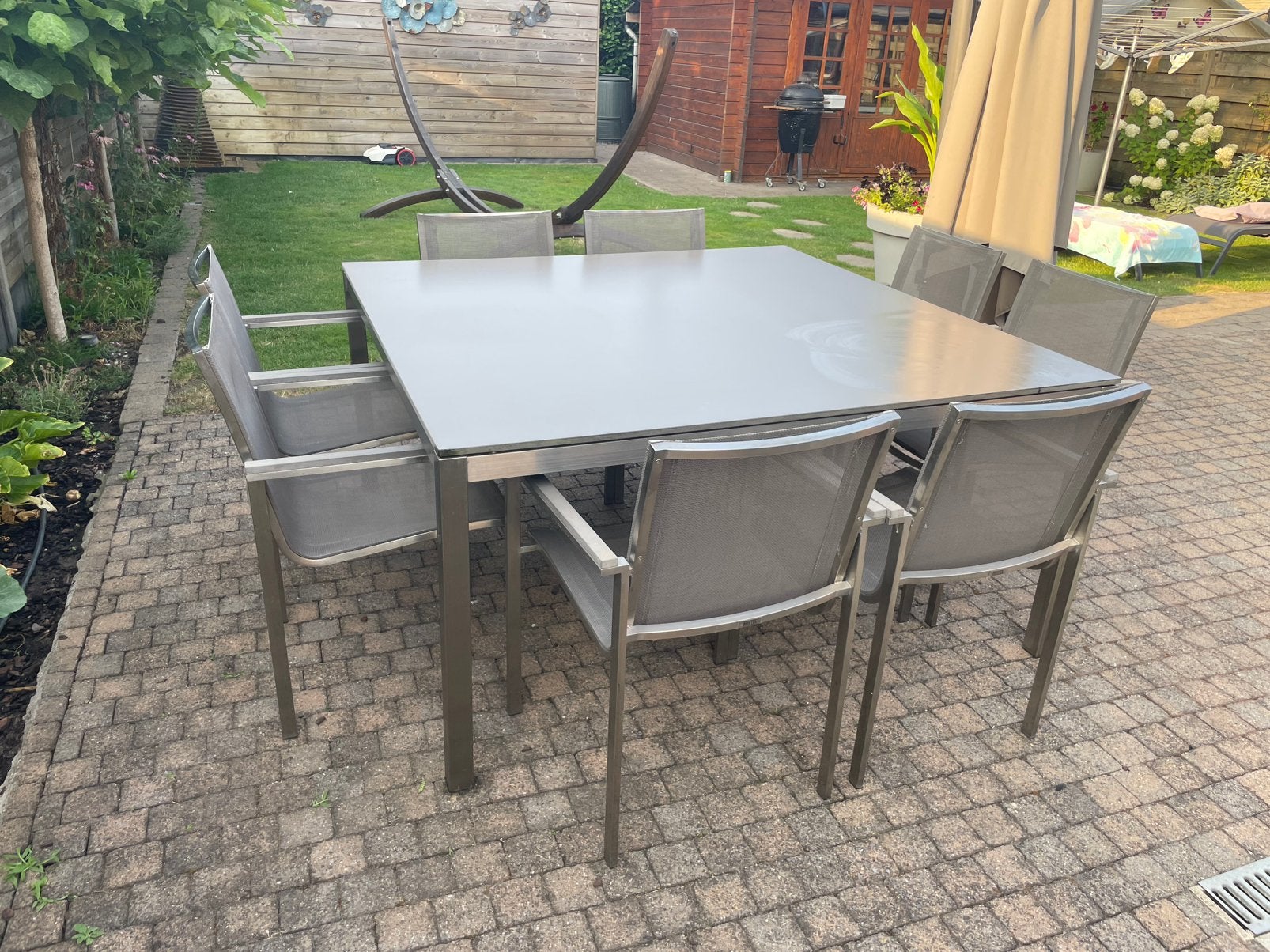 Tuintafel Bristol met 8 stoelen, Tuin en Terras, Ophalen, Inox, Gebruikt, 8 zitplaatsen