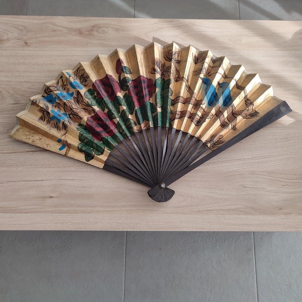 Éventail chinois vintage en bois et papier 35 cm, Antiquités & Art, Enlèvement
