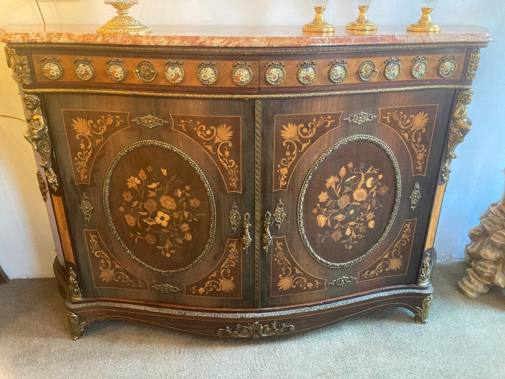 Antieke marqueterie dres met Limoges plaquettes 1m55 breed, Enlèvement