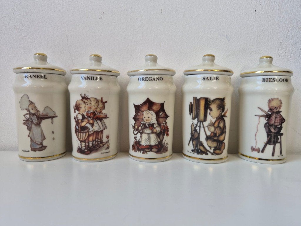 Set van 5 porseleinen kruidenpotten, gemerkt M.J. Hummel., Antiek en Kunst, Antiek | Porselein, Ophalen