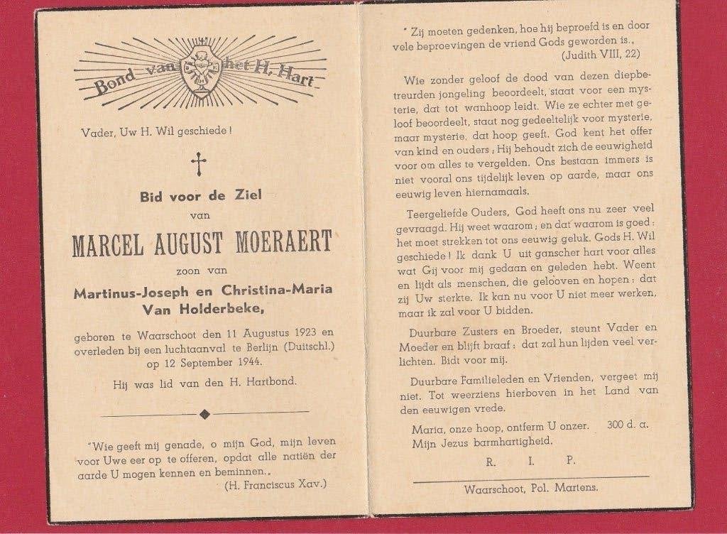 DP Oorlog Marcel Moeraert, Collections, Images pieuses & Faire-part, Envoi, Image pieuse
