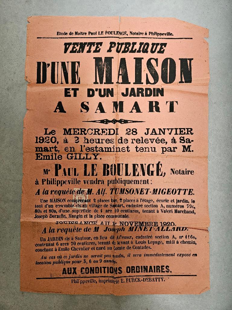 Ancienne affiche notariale - Vente publique Samart, Collections, Posters & Affiches, Enlèvement ou Envoi