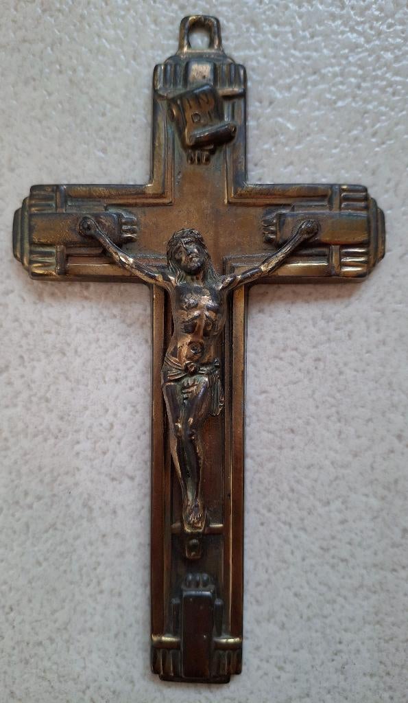 Antiek Art Deco messing kruisbeeld (jaren 1920), Antiek en Kunst, Ophalen of Verzenden