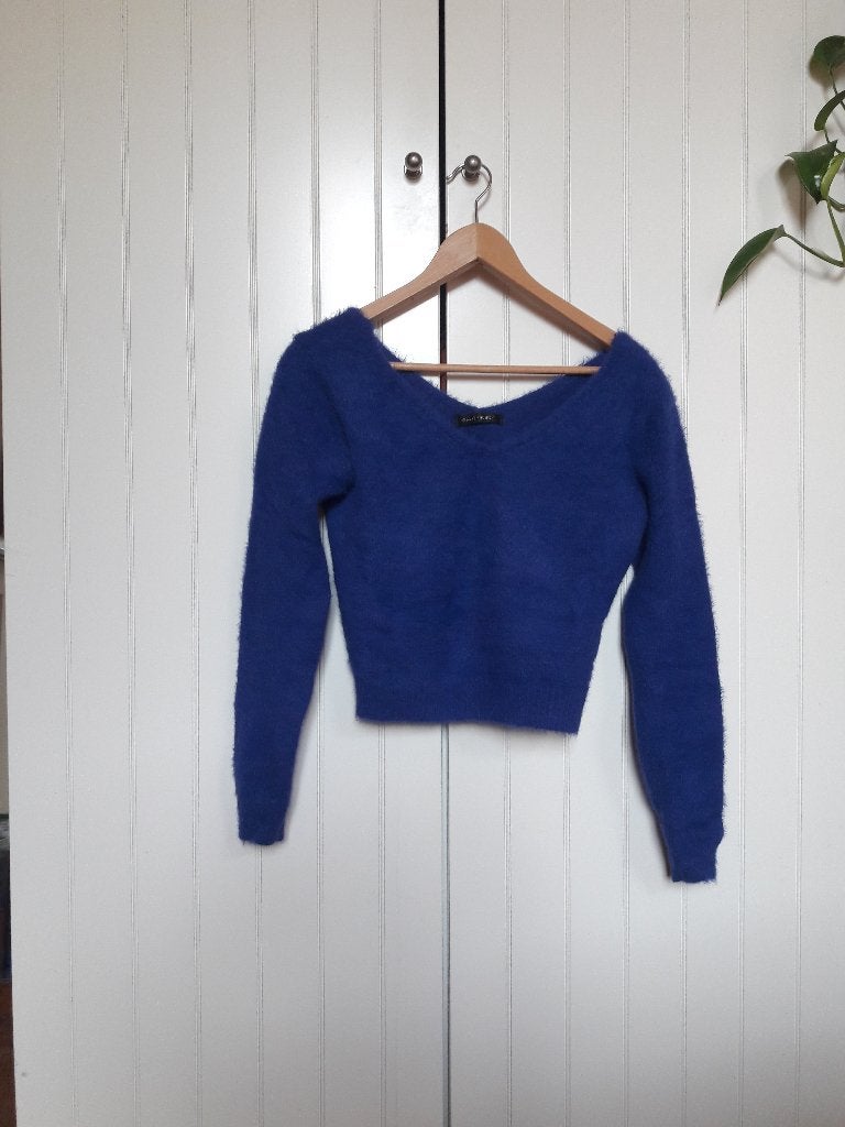 Blauwe crop trui met lange mouwen en v-hals, Ophalen, Blauw, Zo goed als nieuw, Maat 34 (XS) of kleiner